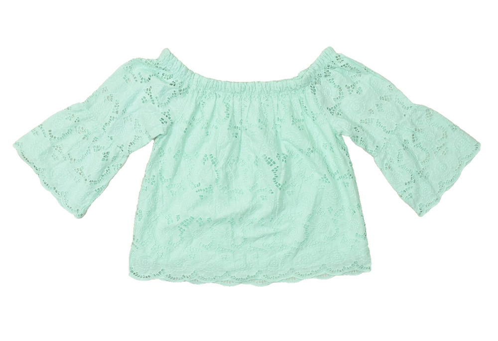 CATO Women's Blue Green Eyelet Off Shoulder Bell Sleeve Top Blouse Size M Cotton - Picture 1 of 8